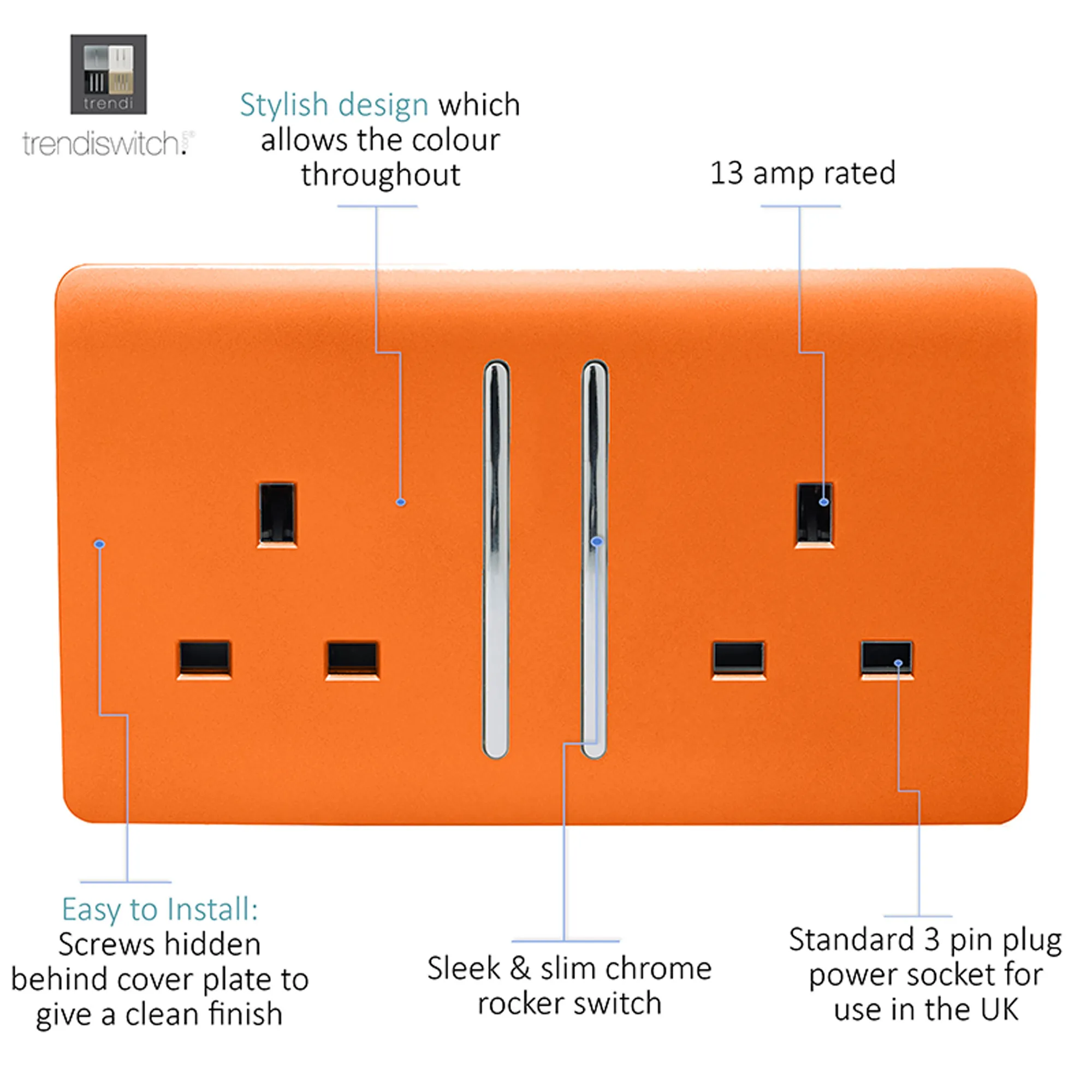 2 Gang 13Amp Long Switched Double Socket Orange ART-SKT213LOR  Trendi Orange